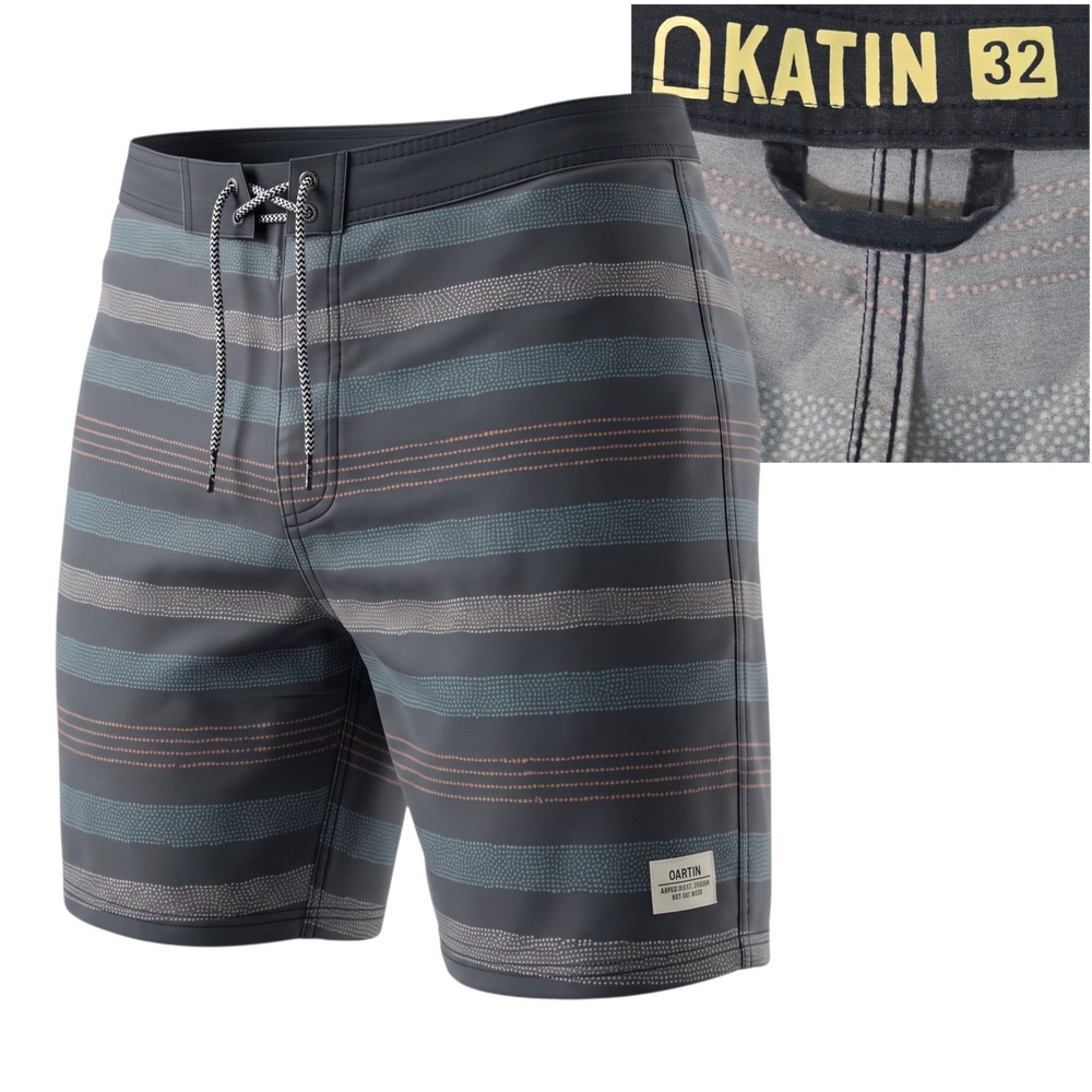 Katin Board Shorts Men 32 Grey Blue Striped Surf Trunks Stretch Pocket